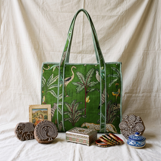 Quilted Jaipuri Tote Bag - Green - Surovi Bags