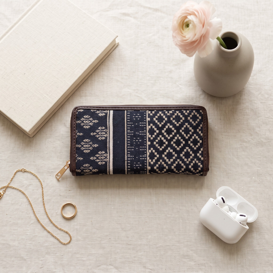 Double Zip Jacquard Wallet for Secure and Organized Storage - Blue Weave