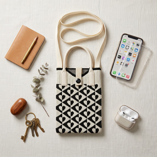 Premium Knitted Mobile Sling Bag - White Hearts