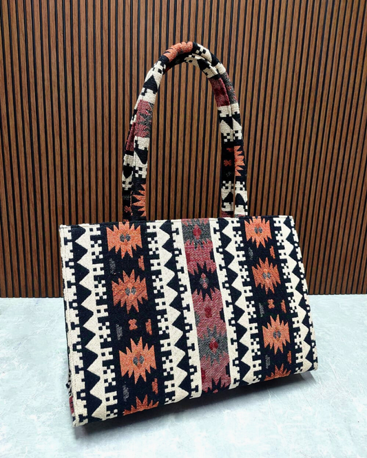 Jacquard Box Tote Bag for Women - Orange Weave