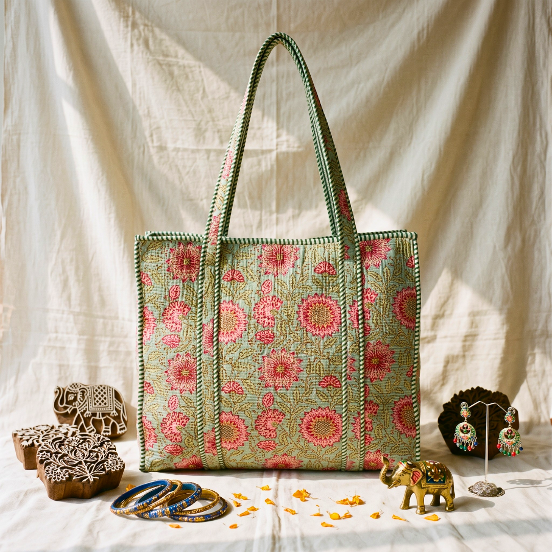 Quilted Jaipuri Tote Bag - Green Kalamkari