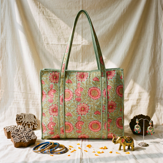 Quilted Jaipuri Tote Bag - Green Kalamkari - Surovi Bags