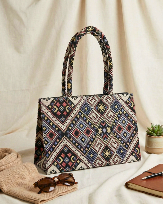 Jacquard Box Tote Bag for Women - Blue Weave