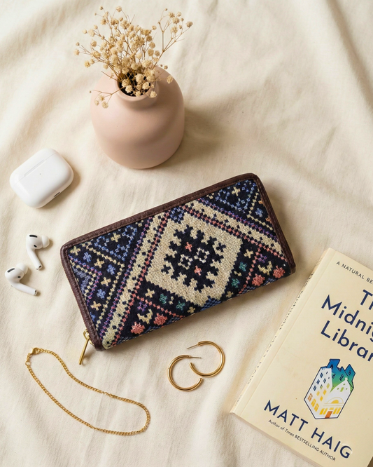 Double Zip Jacquard Wallet for Secure and Organized Storage - Blue Multi Weave - Surovi Bags