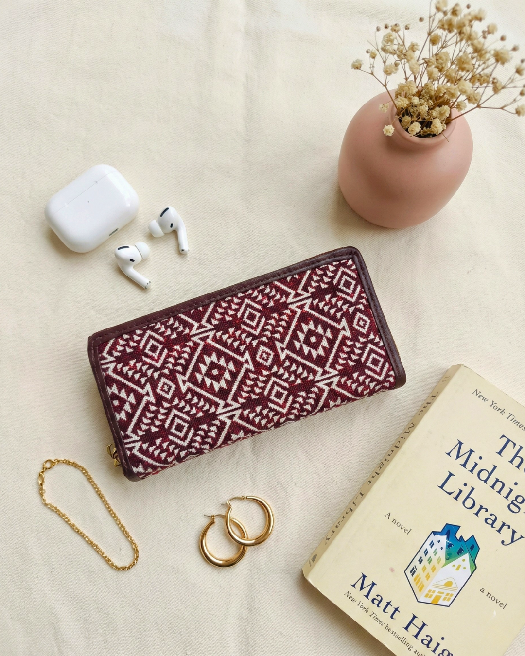 Double Zip Jacquard Wallet for Secure and Organized Storage - Red Weave - Surovi Bags