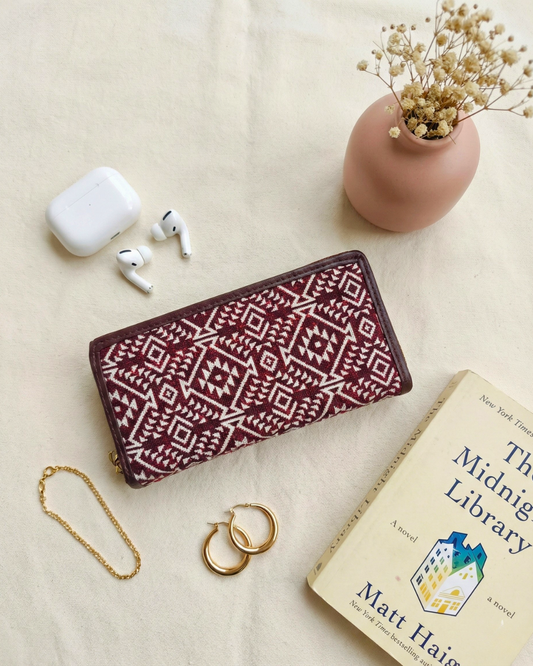 Double Zip Jacquard Wallet for Secure and Organized Storage - Red Weave - Surovi Bags