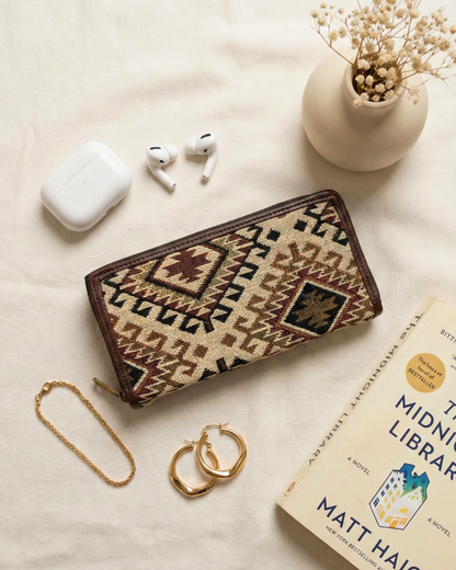 Double Zip Jacquard Wallet for Secure and Organized Storage - Cream - Surovi Bags
