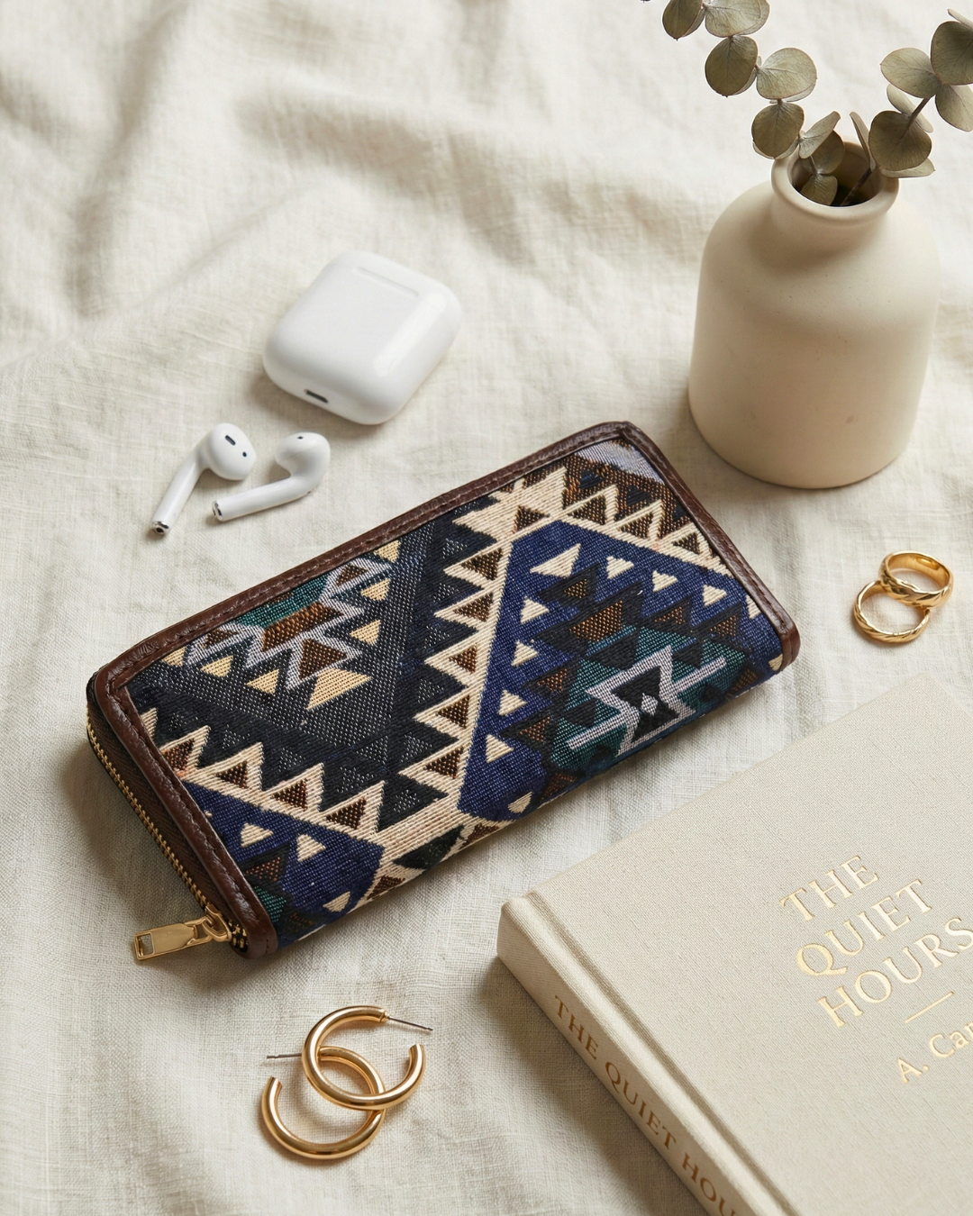 Double Zip Jacquard Wallet for Secure and Organized Storage - Blue Weave - Surovi Bags