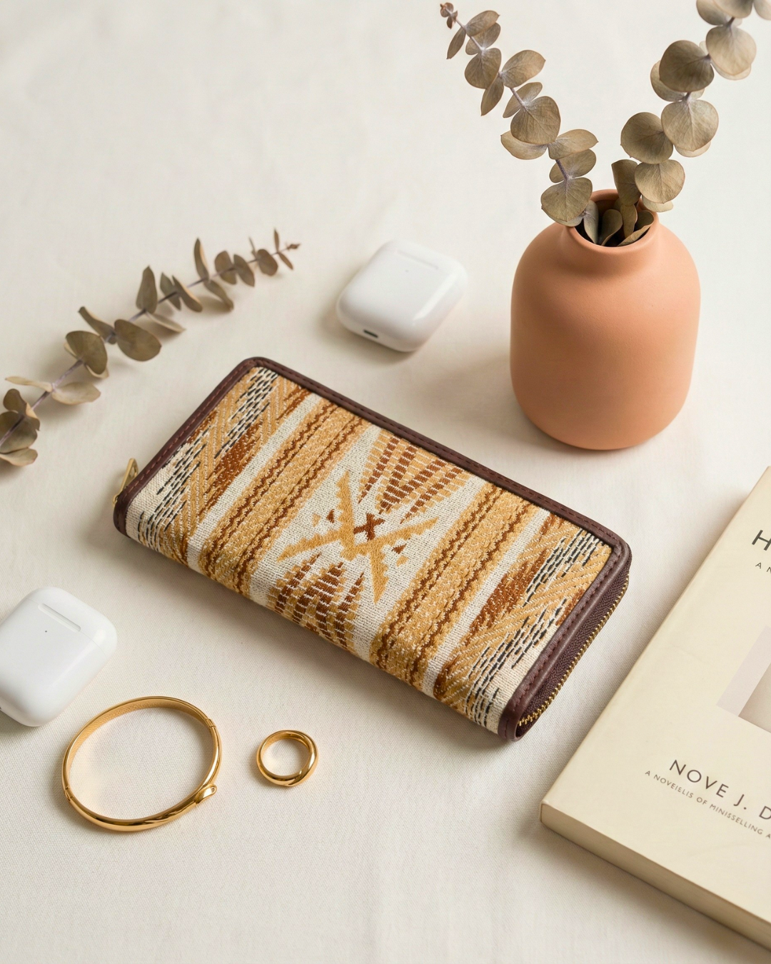 Double Zip Jacquard Wallet for Secure and Organized Storage - Cream - Surovi Bags