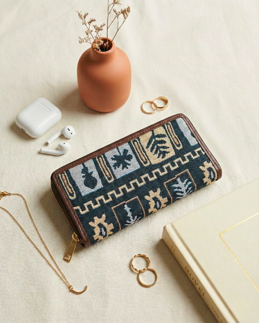 Double Zip Jacquard Wallet for Secure and Organized Storage - Blue Tribal Weave - Surovi Bags