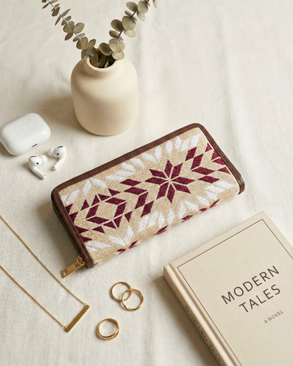 Double Zip Jacquard Wallet for Secure and Organized Storage - Red Flower - Surovi Bags