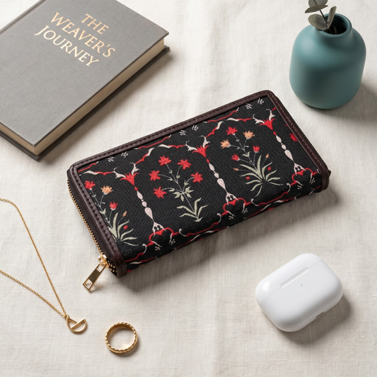A black zip-around wallet with red, green, and white floral embroidery, styled on a beige linen surface with a gray book, a small teal vase with eucalyptus, a gold necklace, a gold ring, and a white wireless earbud charging case.