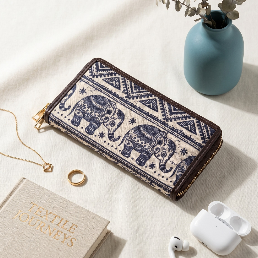 Blue and white patterned wallet on a light surface with a book, necklace, ring, and earbuds.