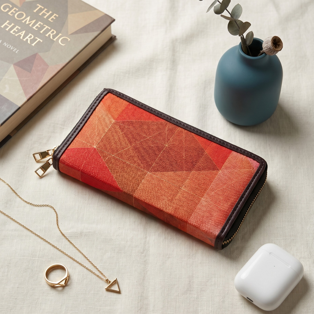 Geometric-patterned wallet on a textured surface with a book, vase, and accessories.