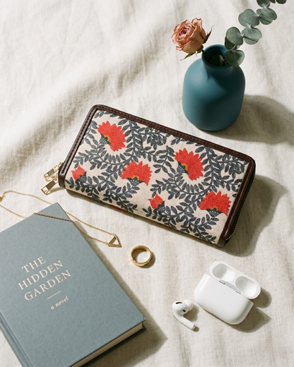 Double Zip Wallet for Secure and Organized Storage - Red Floral