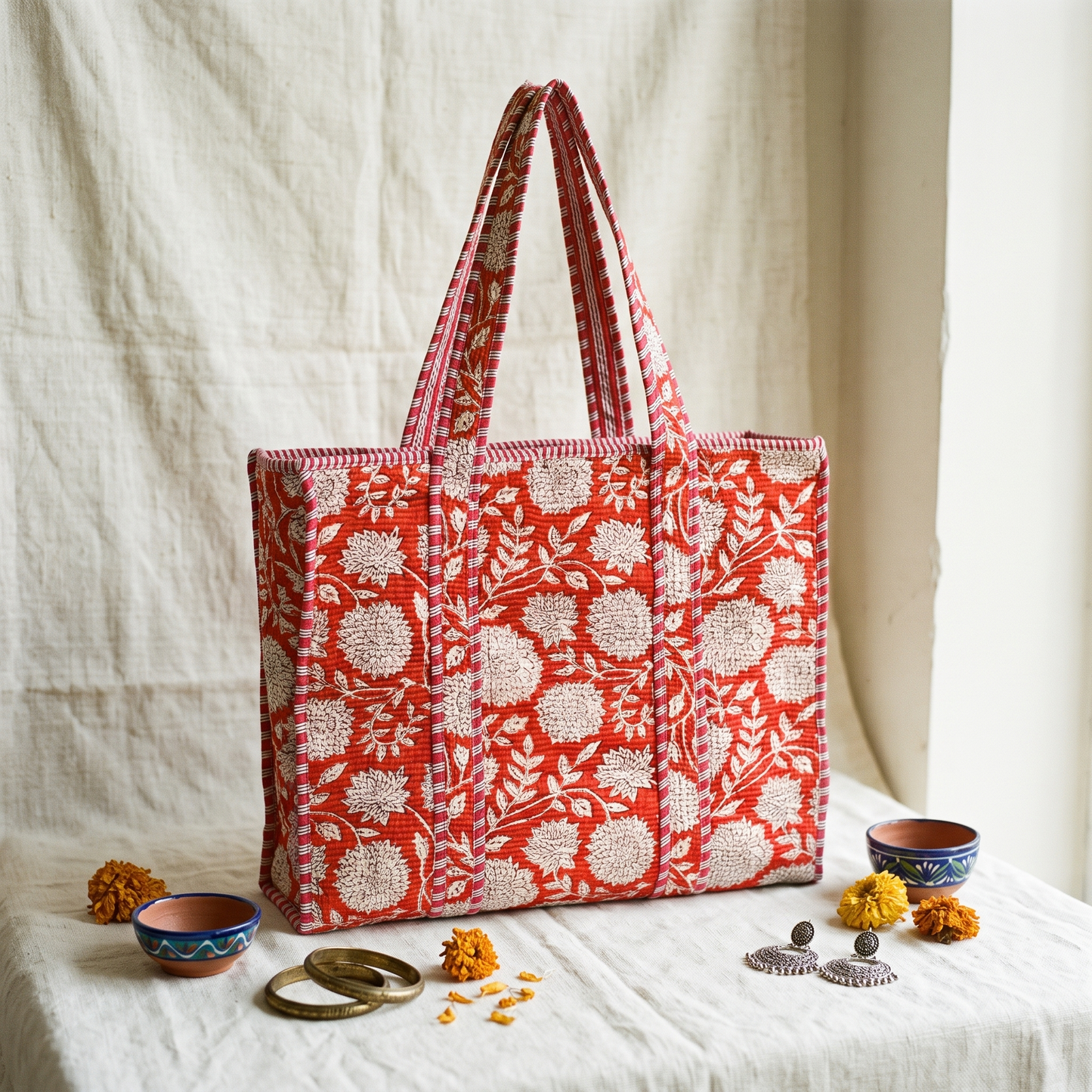 Quilted Jaipuri Tote Bag - 18 x 15 inches - Orange Floral