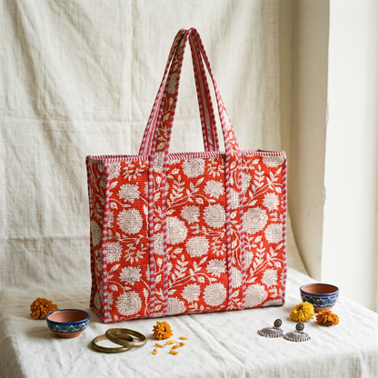 Quilted Jaipuri Tote Bag - 18 x 15 inches - Orange Floral