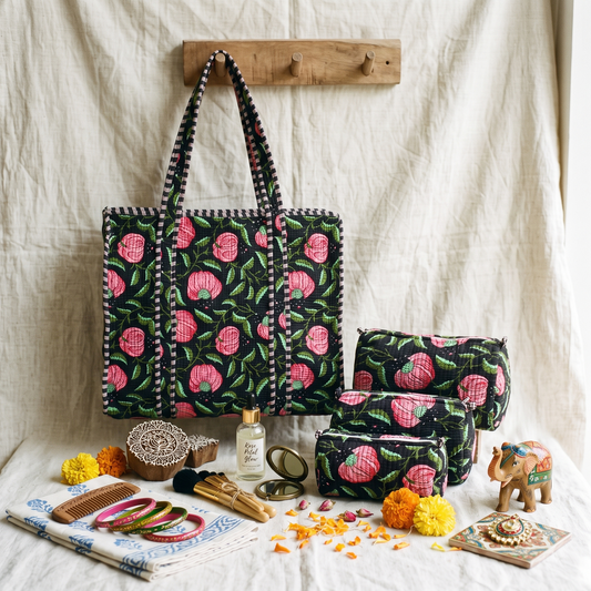 4pc Quilted Bag Combo - Tote Bag + 3 Pouches - Black