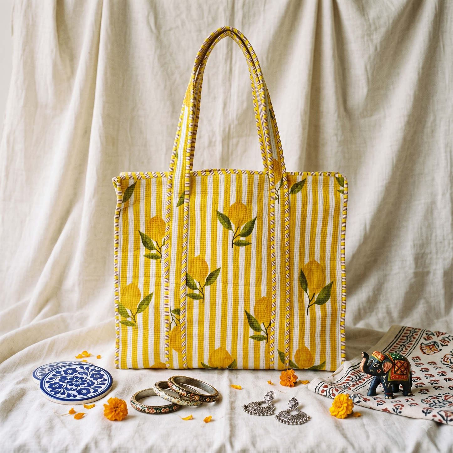 Quilted Jaipuri Tote Bag - 18 x 15 inches - Yellow Strips