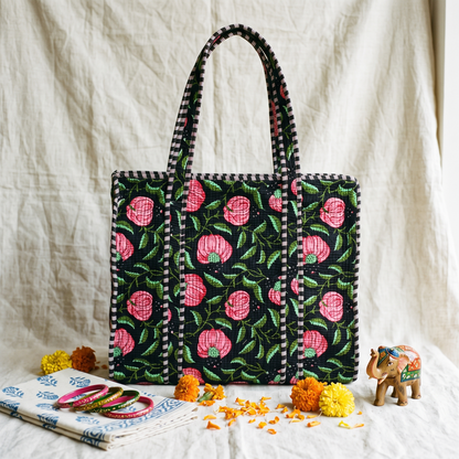 Quilted Jaipuri Tote Bag - 18 x 15 inches - Black