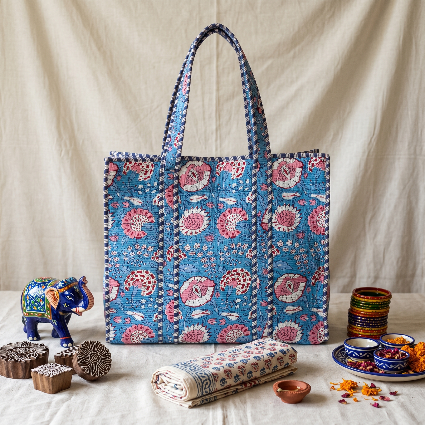 Quilted Jaipuri Tote Bag - 18 x 15 inches - Blue Floral