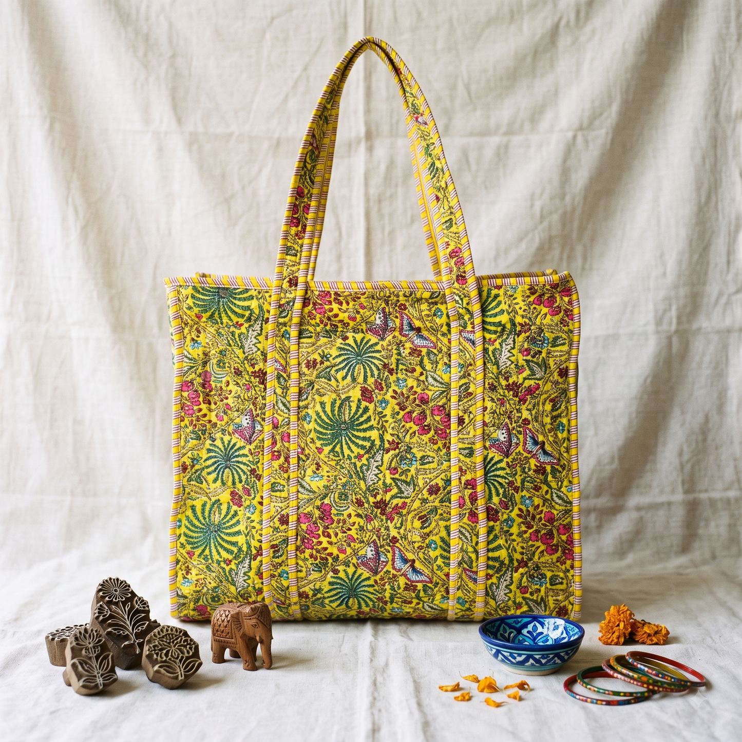 Quilted Jaipuri Tote Bag - 18 x 15 inches - Yellow Kalamkari