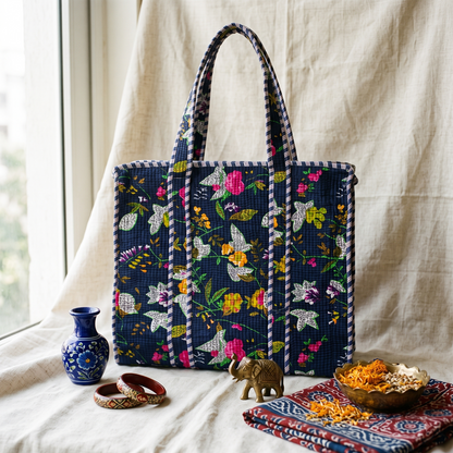 Quilted Jaipuri Tote Bag - 18 x 15 inches - Navy Blue