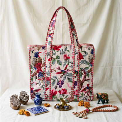 Quilted Jaipuri Tote Bag - 18 x 15 inches - White Floral