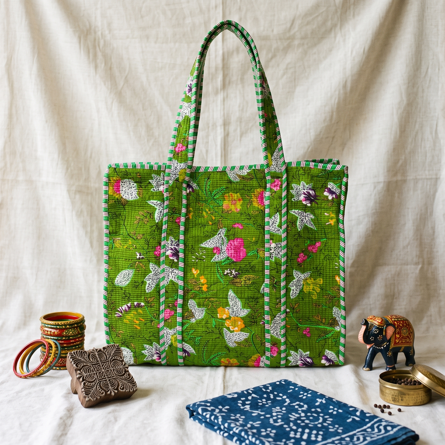 Quilted Jaipuri Tote Bag - 18 x 15 inches - Light Green Floral