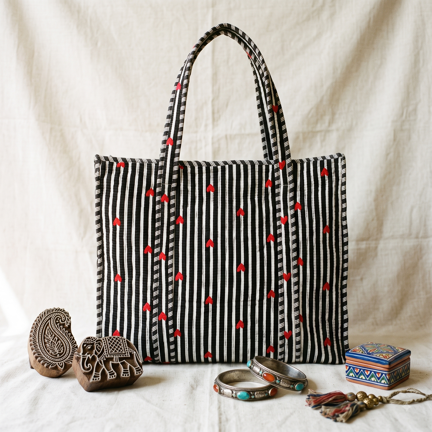 Quilted Jaipuri Tote Bag - 18 x 15 inches - Strips