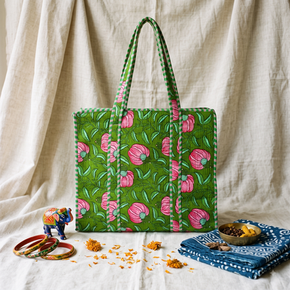 Quilted Jaipuri Tote Bag - 18 x 15 inches - Green Floral
