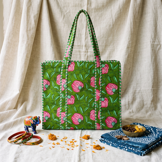 Quilted Jaipuri Tote Bag - 18 x 15 inches - Green Floral