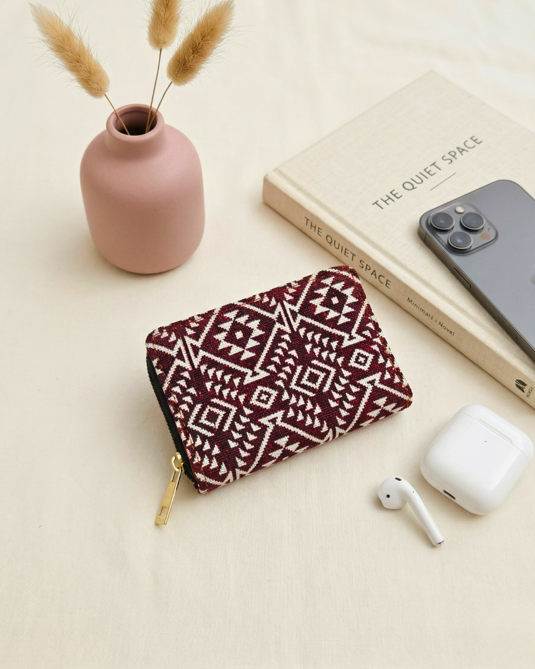 Jacquard Foldable Pocket Wallet For Women - Red Weave - Surovi Bags
