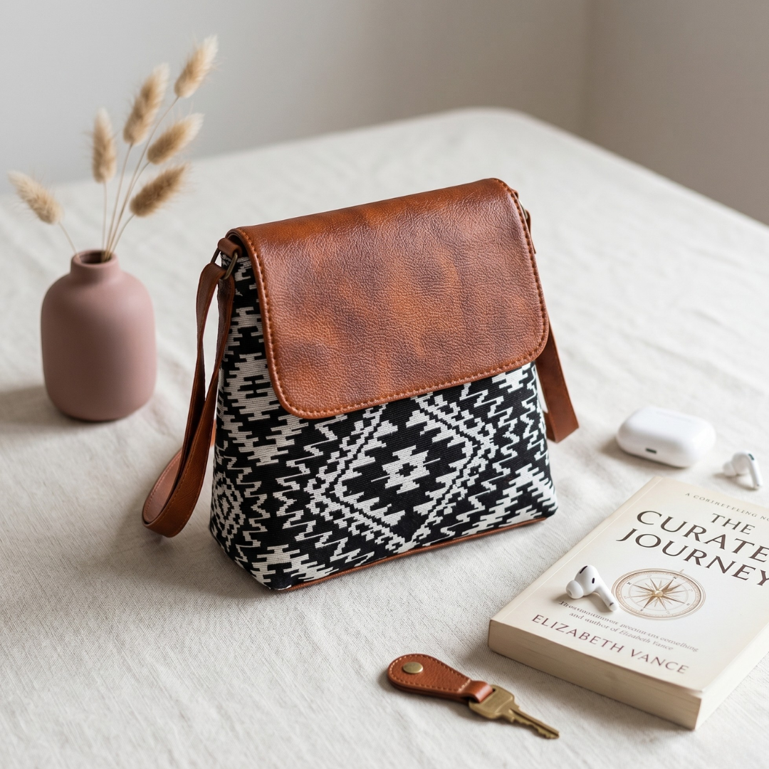 Jacquard Cross Body Flap Sling - Black Tribal Weave - Surovi Bags