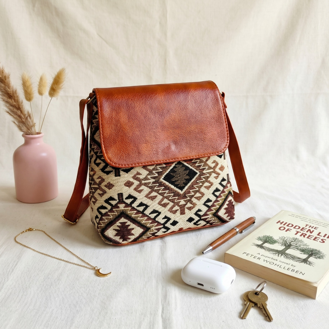 Jacquard Cross Body Flap Sling - Beige Weave - Surovi Bags