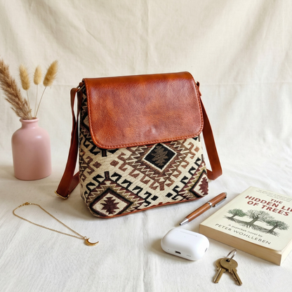 Jacquard Cross Body Flap Sling - Beige Weave - Surovi Bags