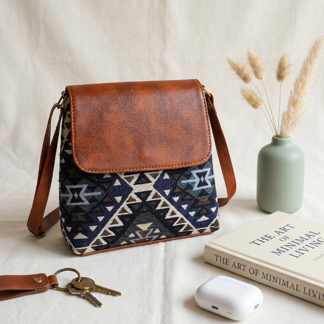 Jacquard Cross Body Flap Sling - Blue Tribal Weave - Surovi Bags