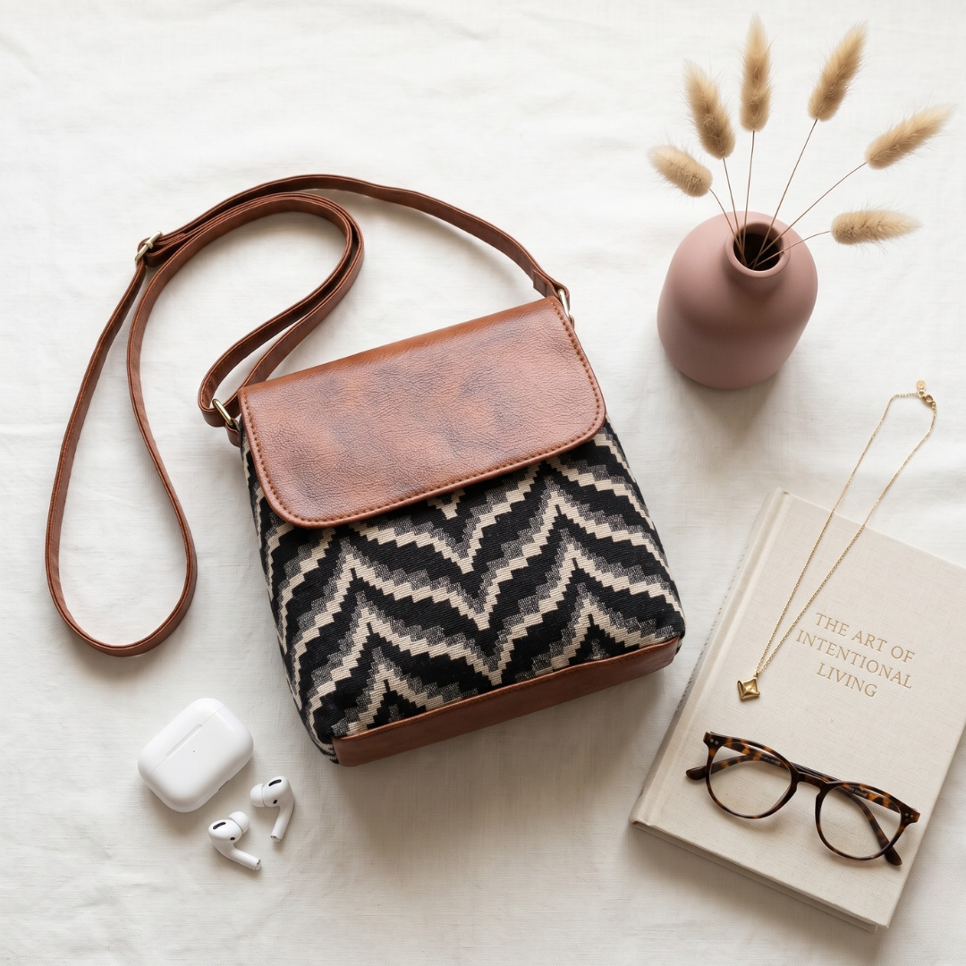 Jacquard Cross Body Flap Sling - Grey and Black Wave - Surovi Bags