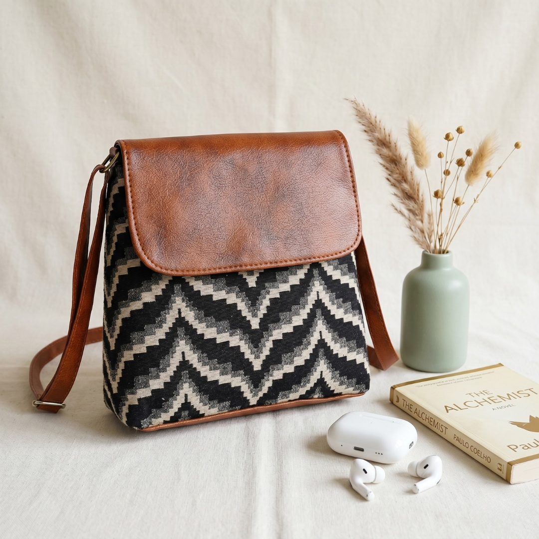 Jacquard Cross Body Flap Sling - Grey and Black Wave - Surovi Bags