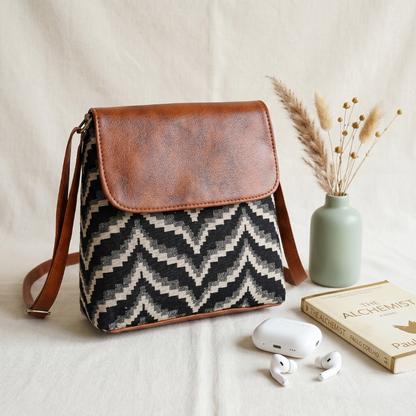 Jacquard Cross Body Flap Sling - Grey and Black Wave - Surovi Bags