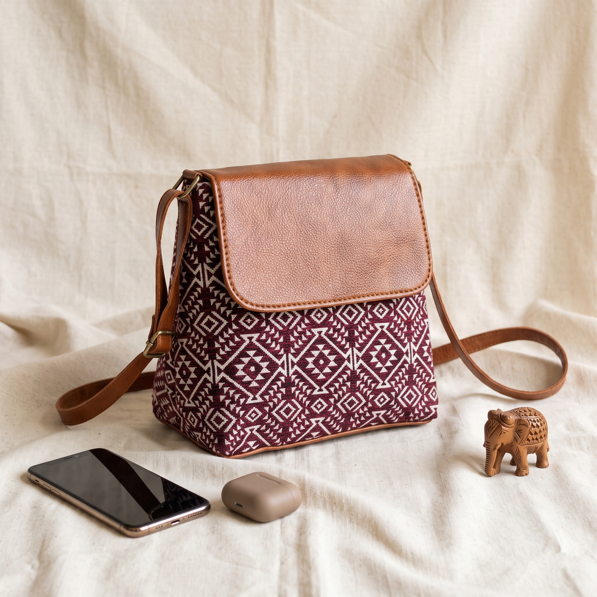 Jacquard Cross Body Flap Sling - Red Weave