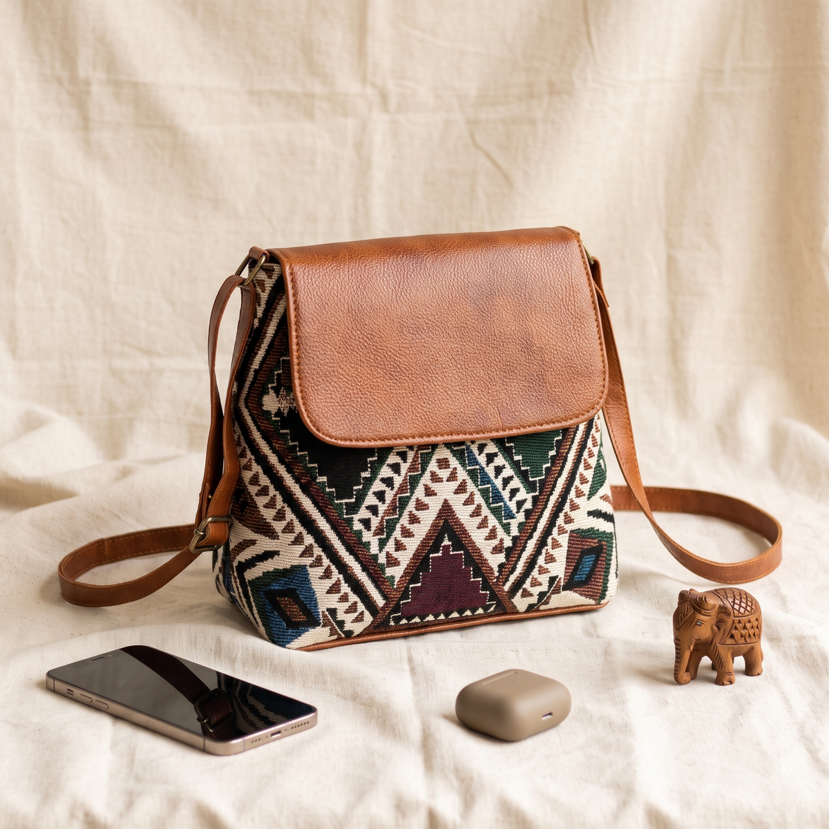 Jacquard Cross Body Flap Sling - Green Tribal Weave
