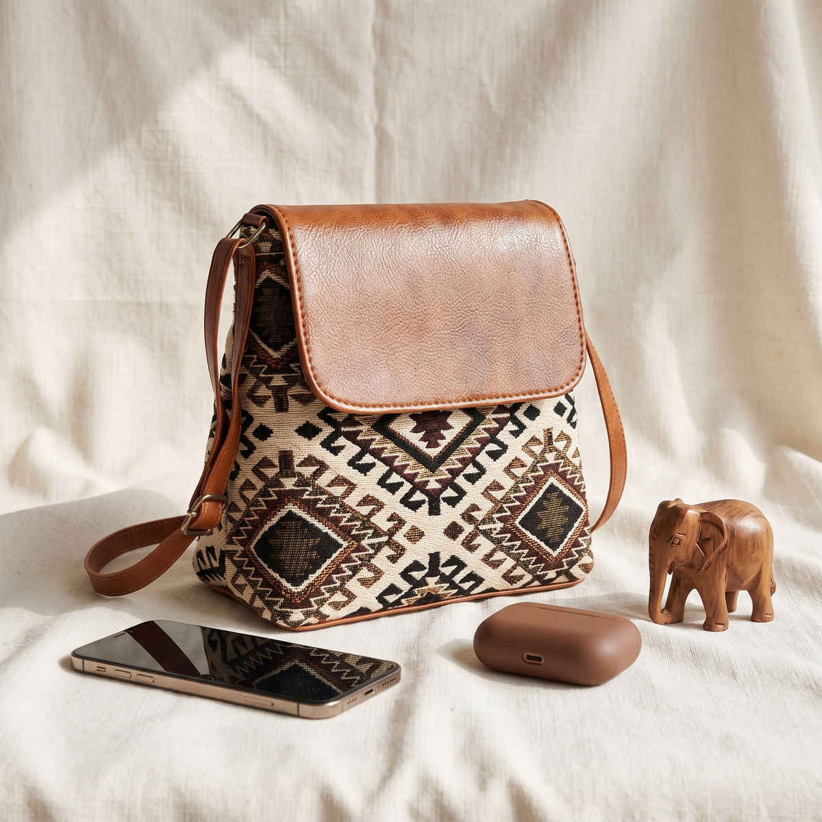 Jacquard Cross Body Flap Sling - Beige Weave