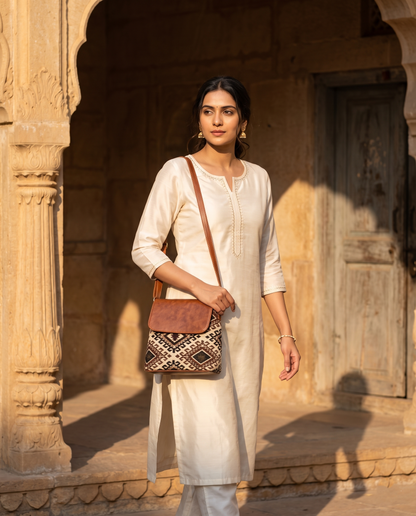 Jacquard Cross Body Flap Sling - Beige Weave