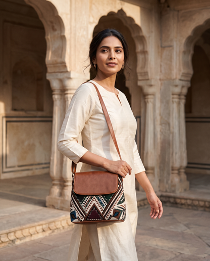 Jacquard Cross Body Flap Sling - Green Tribal Weave