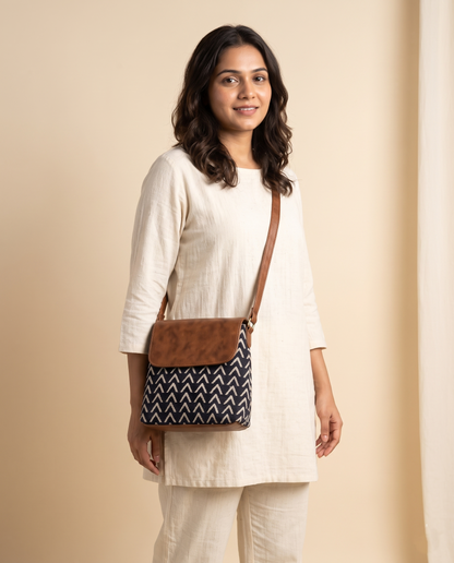 Jacquard Cross Body Flap Sling - Blue Tribal Weave