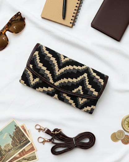 Stylish and Compact Jacquard Sling Wallet - Black and White Weave