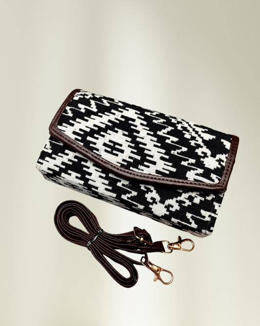 Stylish and Compact Jacquard Sling Wallet - Black Tribal Weave