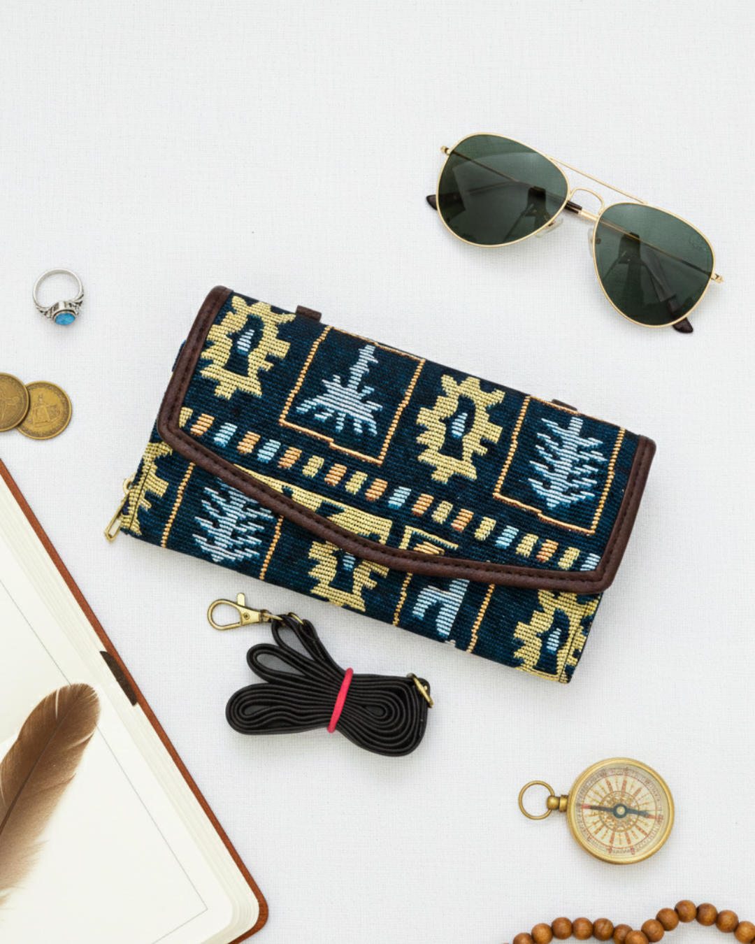 Stylish and Compact Jacquard Sling Wallet - Green Tribal Weave