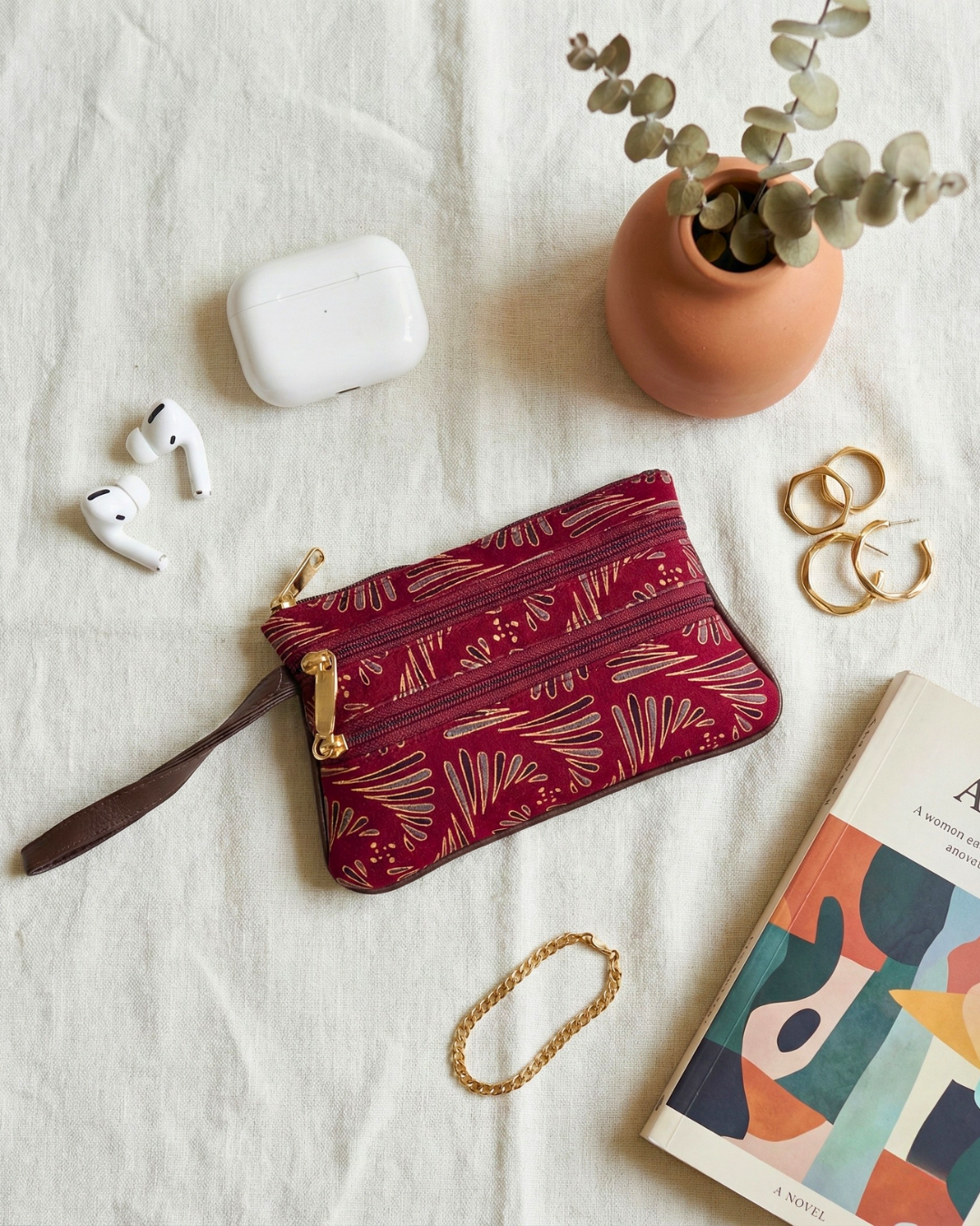 Multi Zipper Mobile Pouch For Women - Red Kalamkari